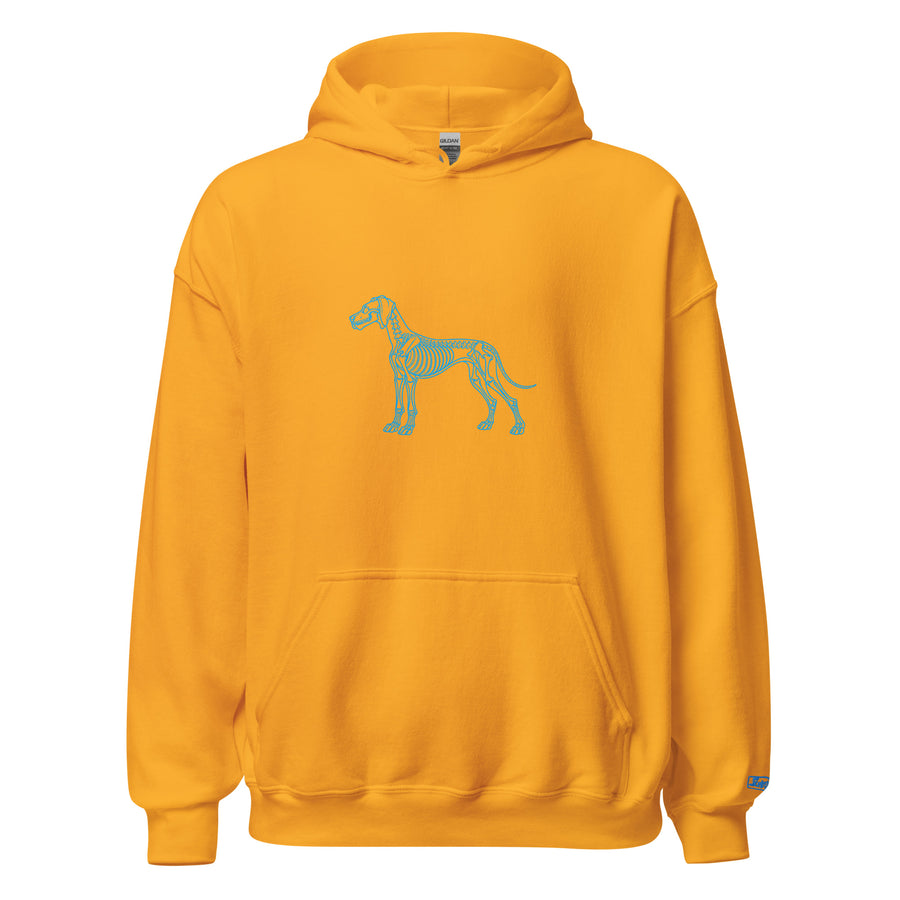 Great Dane skeleton line art hoodie in Gold by Skeledog, front view