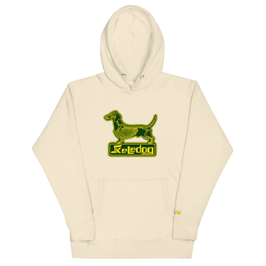 Skeledog logo dog skeleton line art hoodie in Bone by Skeledog, front view