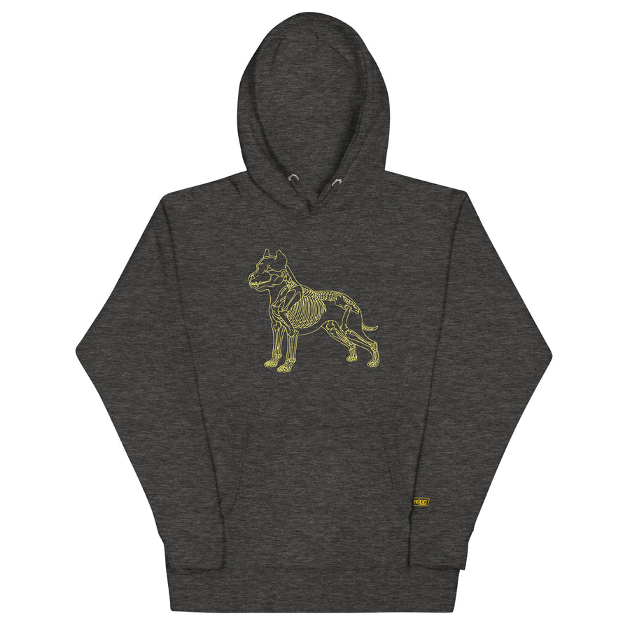 Pit Bull skeleton line art hoodie in Charcoal Heather by Skeledog, front view