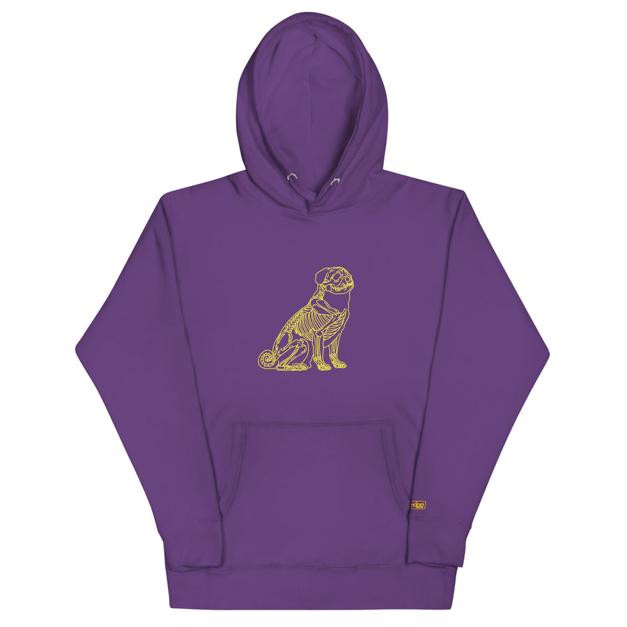 Pug skeleton line art hoodie in Purple by Skeledog, front view