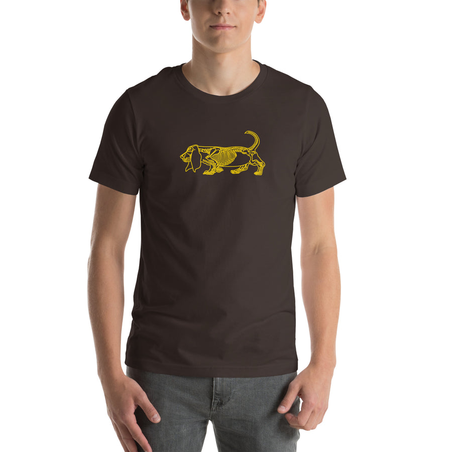 Basset Hound skeleton line art t-shirt in Brown by Skeledog, front view