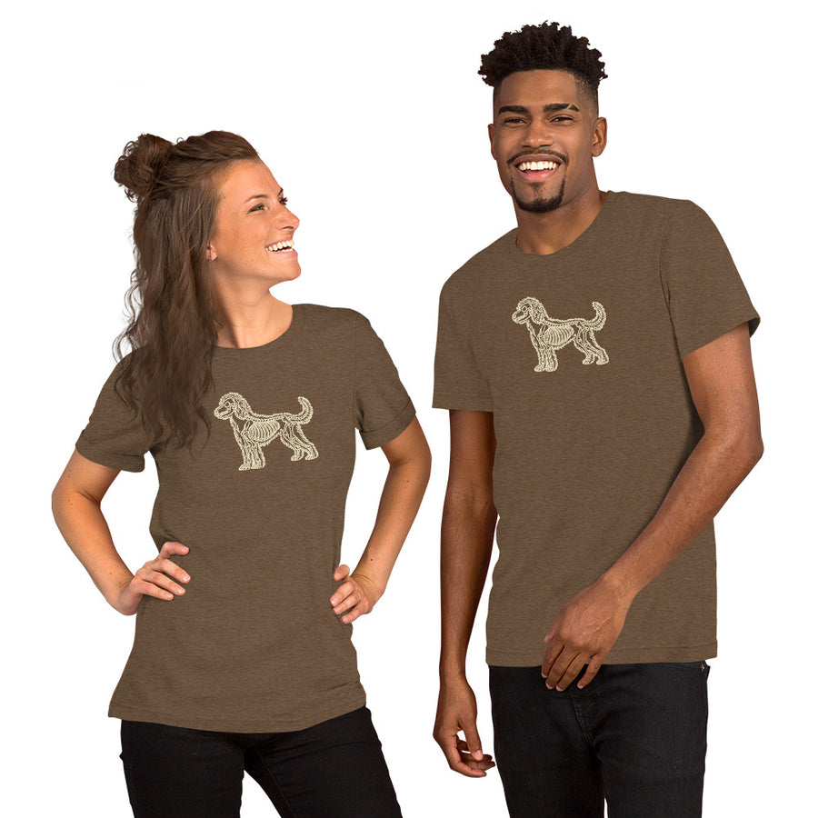 Doodle (Goldendoodle and Labradoodle) skeleton line art t-shirt in Heather Brown by Skeledog, front view