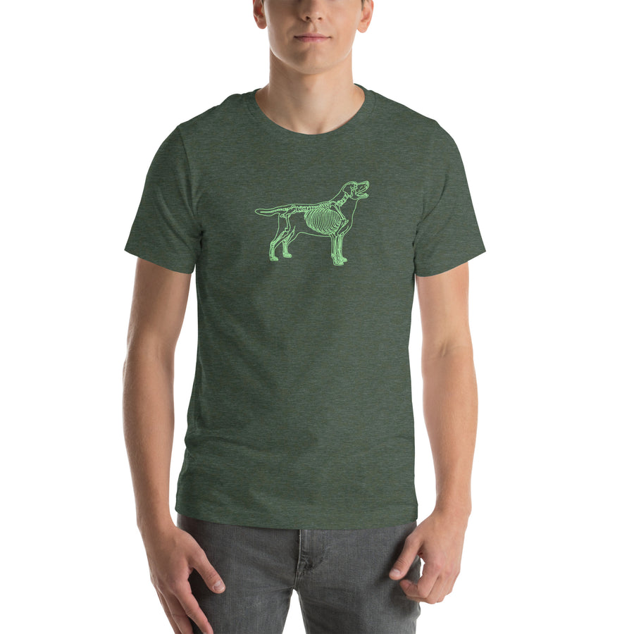 Labrador Retriever skeleton line art t-shirt in Heather Forest Green by Skeledog, front view