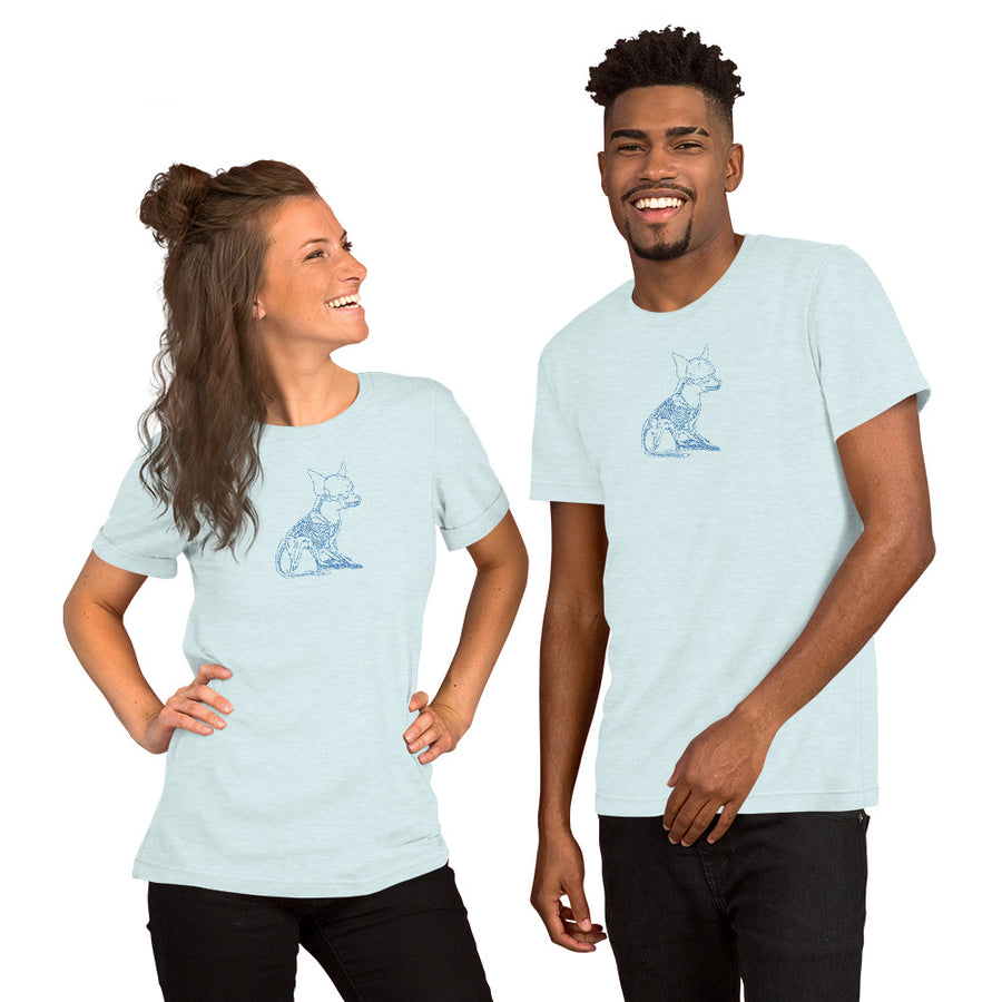 Chihuahua skeleton line art t-shirt in Heather Ice Blue by Skeledog, front view