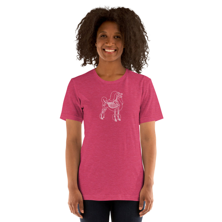 Poodle skeleton line art t-shirt in Heather Raspberry by Skeledog, front view