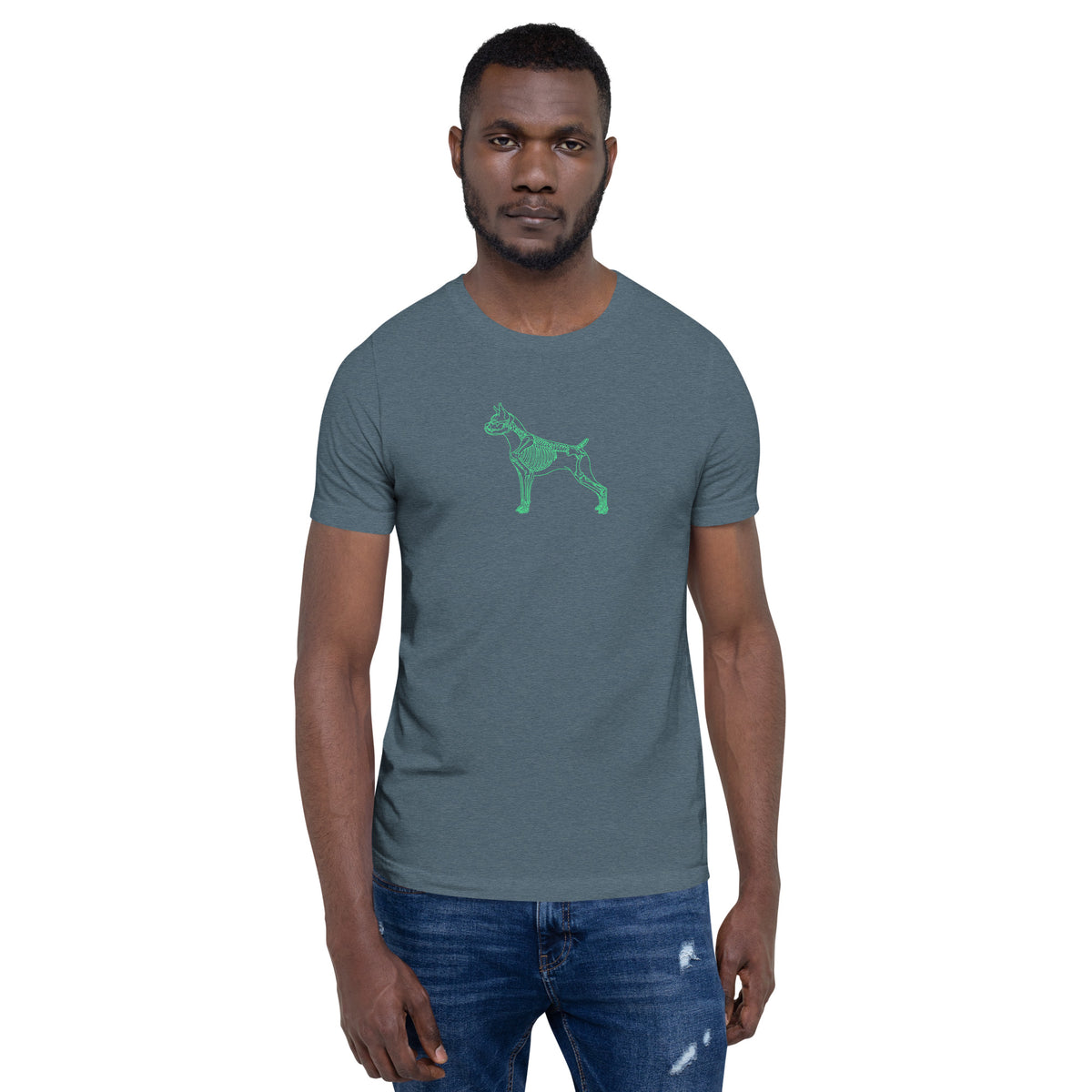 Boxer skeleton line art t-shirt in Heather Slate by Skeledog, front view on model