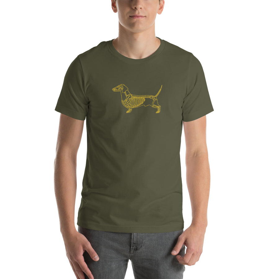 Dachshund skeleton t-shirt in Military Green by Skeledog