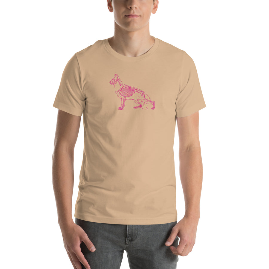German Shepherd skeleton line art t-shirt in Tan by Skeledog, front view