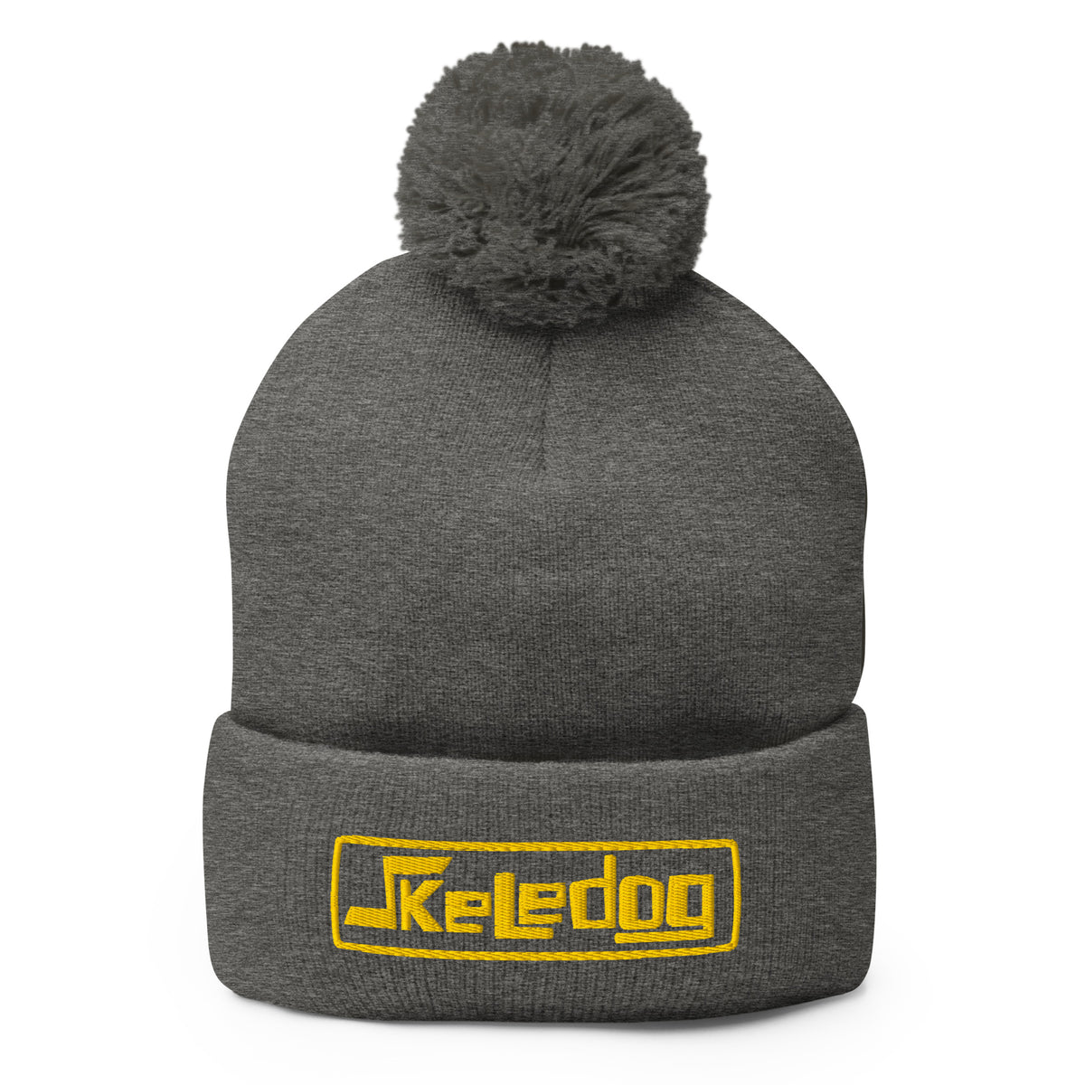Skeledog logo pom-pom beanie in dark heather grey with gold embroidered logo, front view