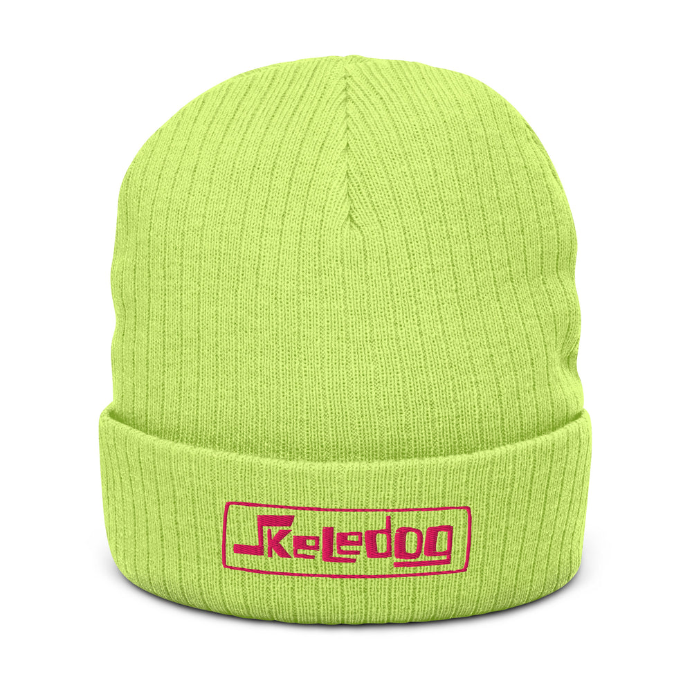 Skeledog Logo Ribbed Knit Beanie – Acid Green Embroidered Cuffed Hat