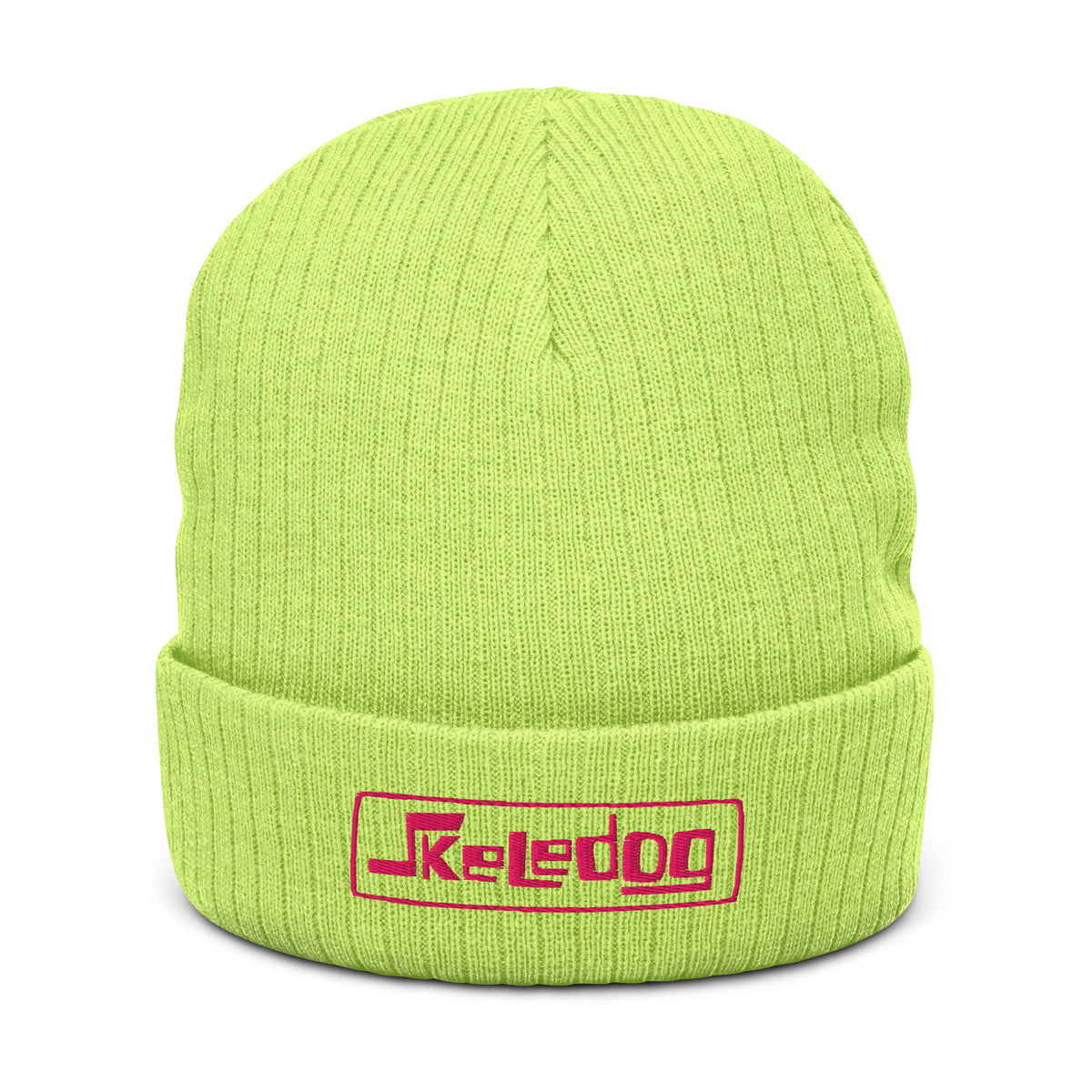 Skeledog logo ribbed knit beanie in acid green with hot pink embroidered logo, front view