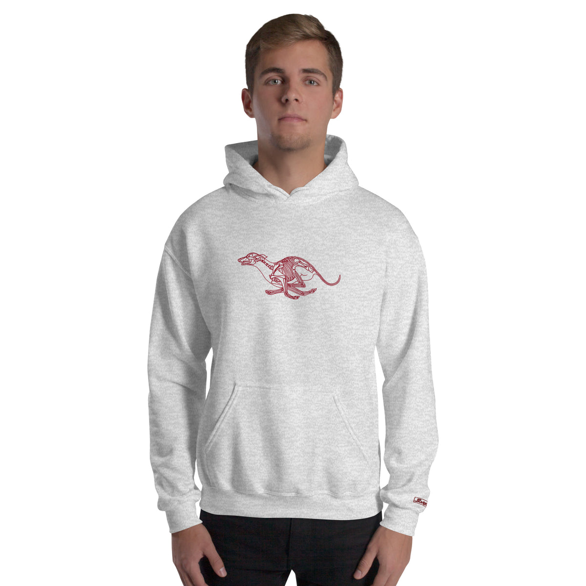 Greyhound skeleton line art hoodie in Ash by Skeledog, front view on model