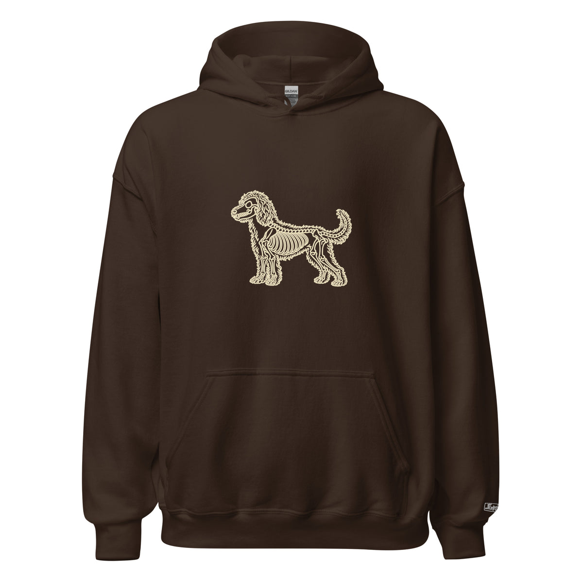 Doodle (Goldendoodle and Labradoodle) skeleton line art hoodie in Dark Chocolate by Skeledog, front view