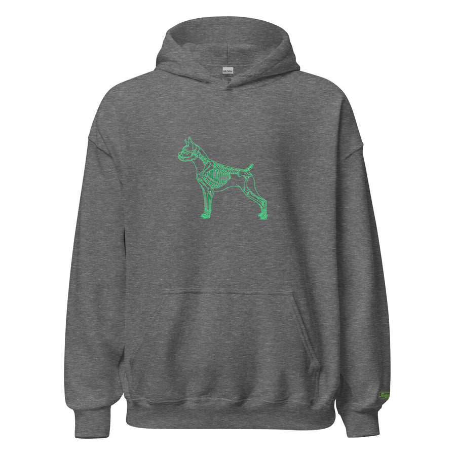 Boxer skeleton line art hoodie in Graphite Heather by Skeledog, front view