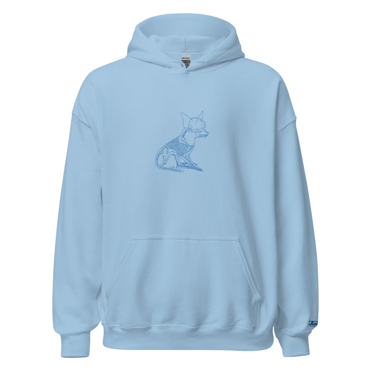 Chihuahua skeleton line art hoodie in Light Blue by Skeledog, front view