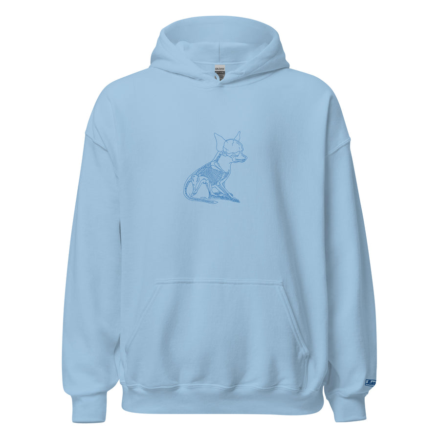 Chihuahua skeleton line art hoodie in Light Blue by Skeledog, front view