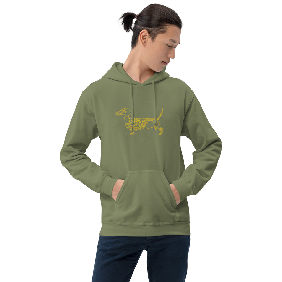 Dachshund skeleton line art hoodie in Military Green by Skeledog, front view
