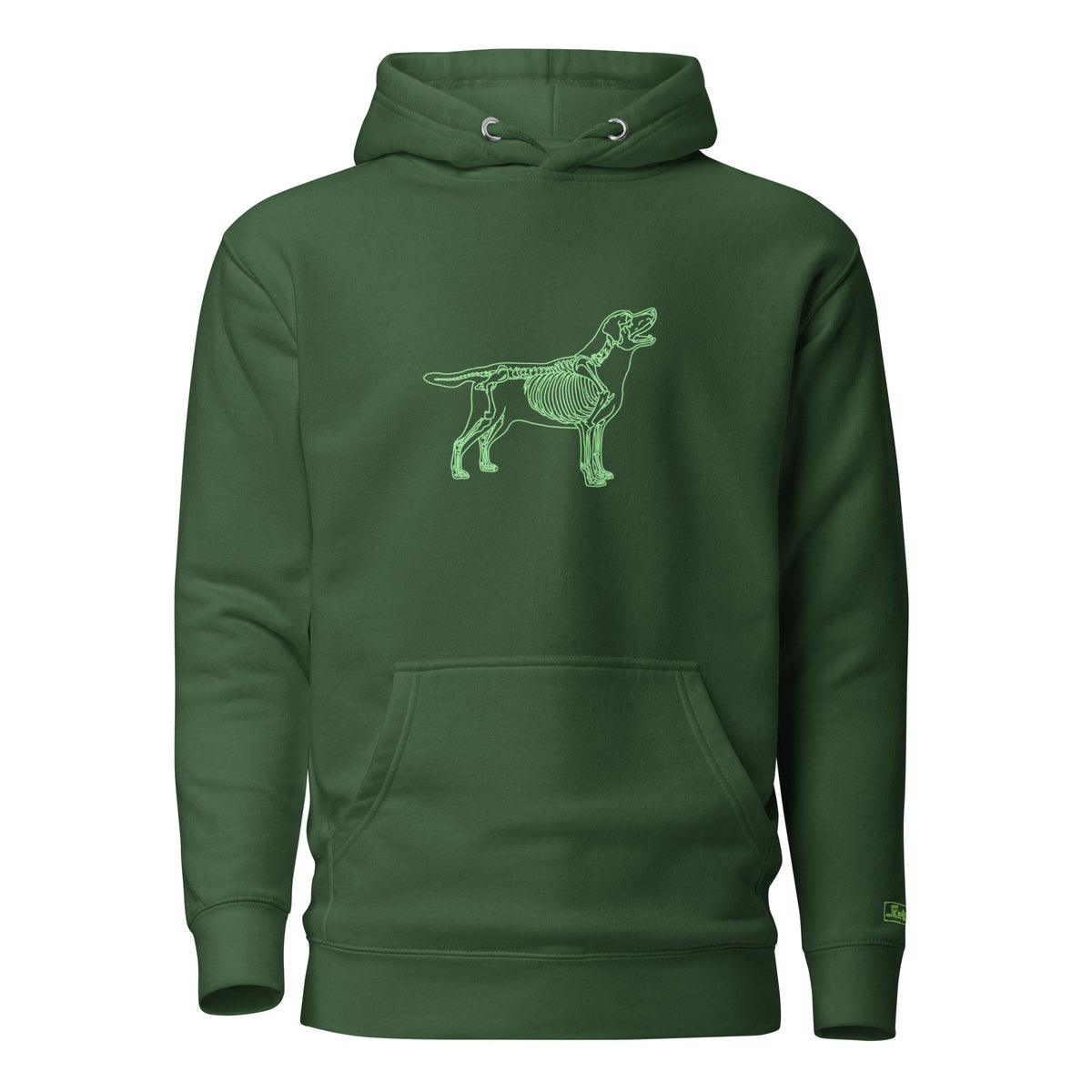 Labrador Retriever skeleton line art hoodie in Forest Green by Skeledog, front view